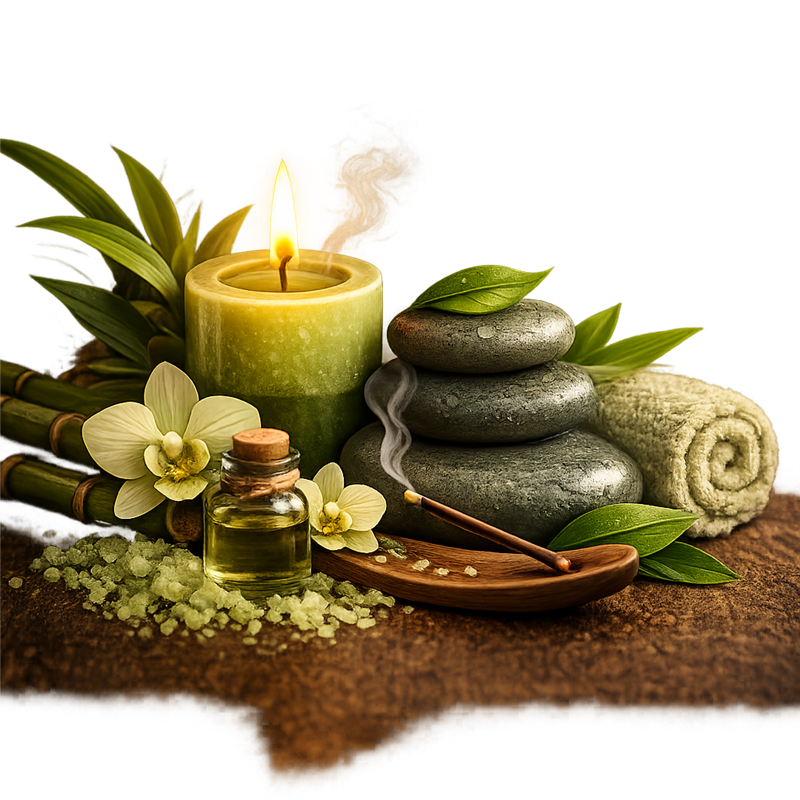 Vela, pedras e aromas de spa
